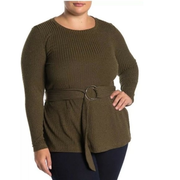 Eloquii Dark Olive Belted Rib Knit Crew Neck Shirt - Picture 1 of 7
